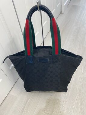 Gucci Vintage Black GG Nylon Tote with Red and Green Handles